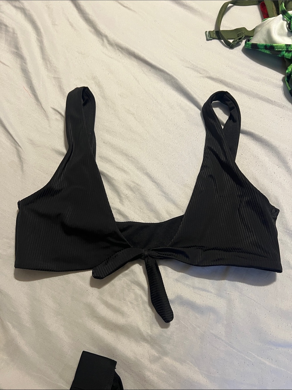 No Boundaries Black Ribbed Tie Front Bikini Top